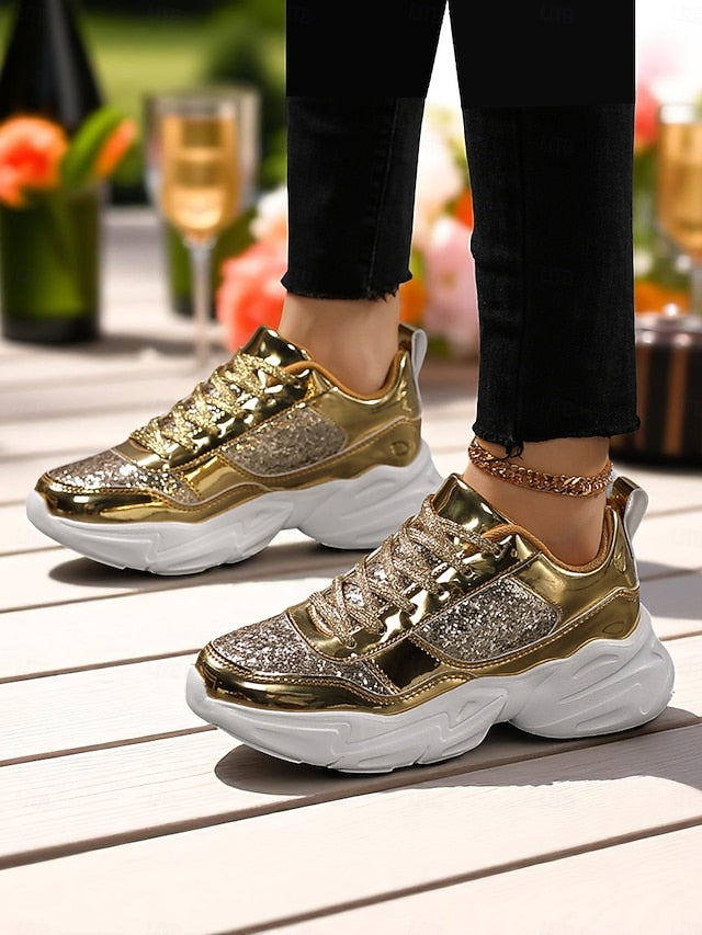 with Platform Sneakers Metallic Women's Glitter Chunky
