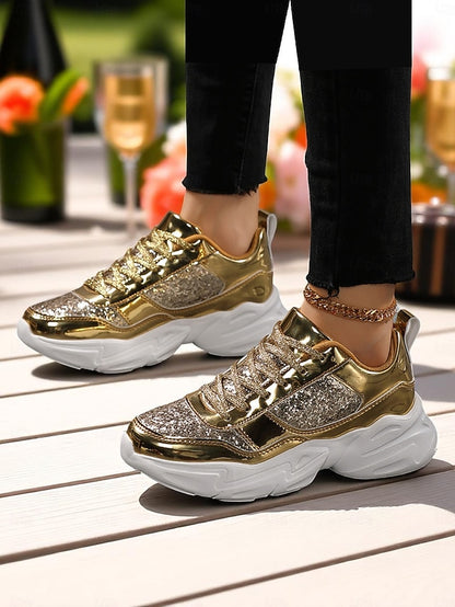 with Platform Sneakers Metallic Women's Glitter Chunky