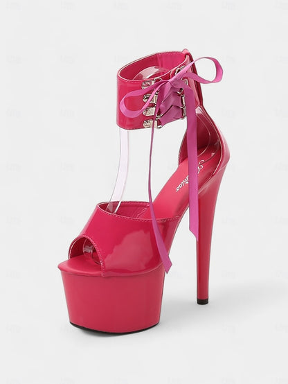 Straps Black Patent Leather Lace-Up Sandals Ankle Platform with