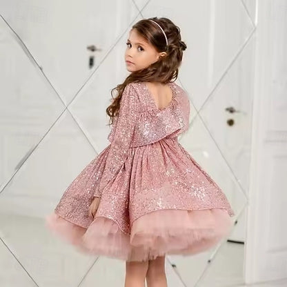 Solid Party Sleeve Color Kids Long Girls' Performance Dress