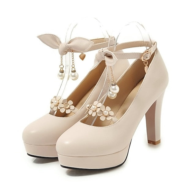 Elegant Mary Jane White Wedding Platform Heels Girls'