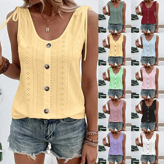 Women's Tank Top Eyelet Buttons Plain Fashion Stylish
