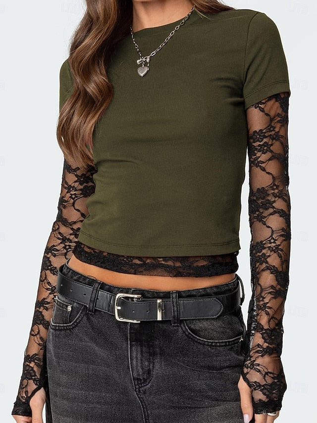 Women's T Shirt Lace Splicing Top Y2K Tunic Mesh Fake two