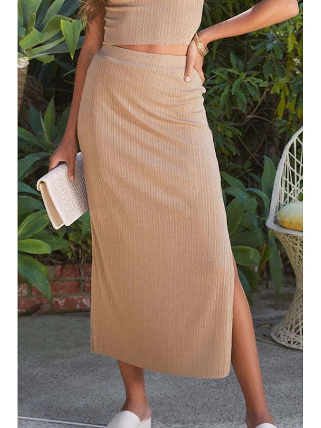 Women's Casual Midi Mid Rise Skirts Plain Split Ends