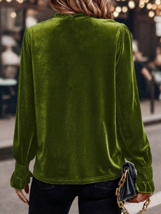 Women's Velvet Elegant Dressy Blouse Ruched Plain Vintage