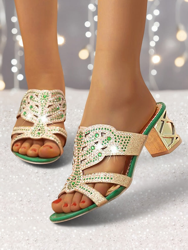 and Heeled Sandals Rhinestone Gold Embellished - Green