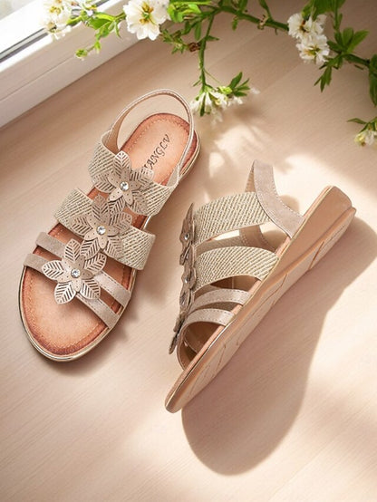 Floral Rhinestone Sandals Flat Women's Beige – Elegant