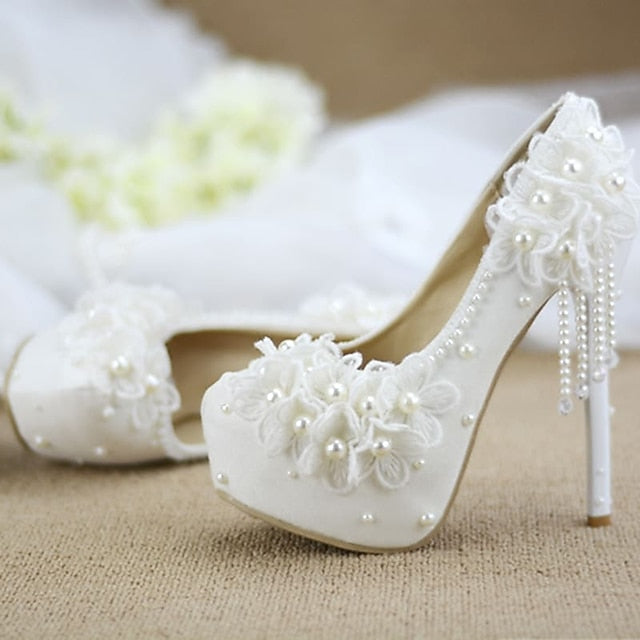 Lace Heels Platform with White Floral Women's Wedding