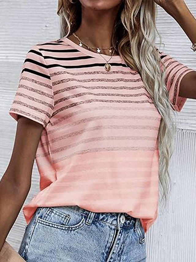 Women's T Shirt Casual Striped Print Short Sleeve Regular