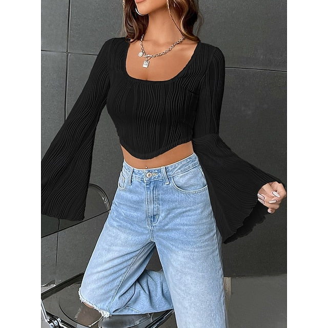 Women's Blouse Solid Color Stylish Casual Long Sleeve U
