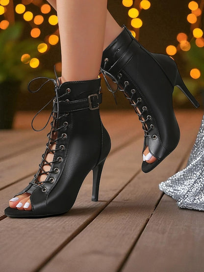 Booties High Black Heel Peep Toe - Stiletto Women's Lace-Up