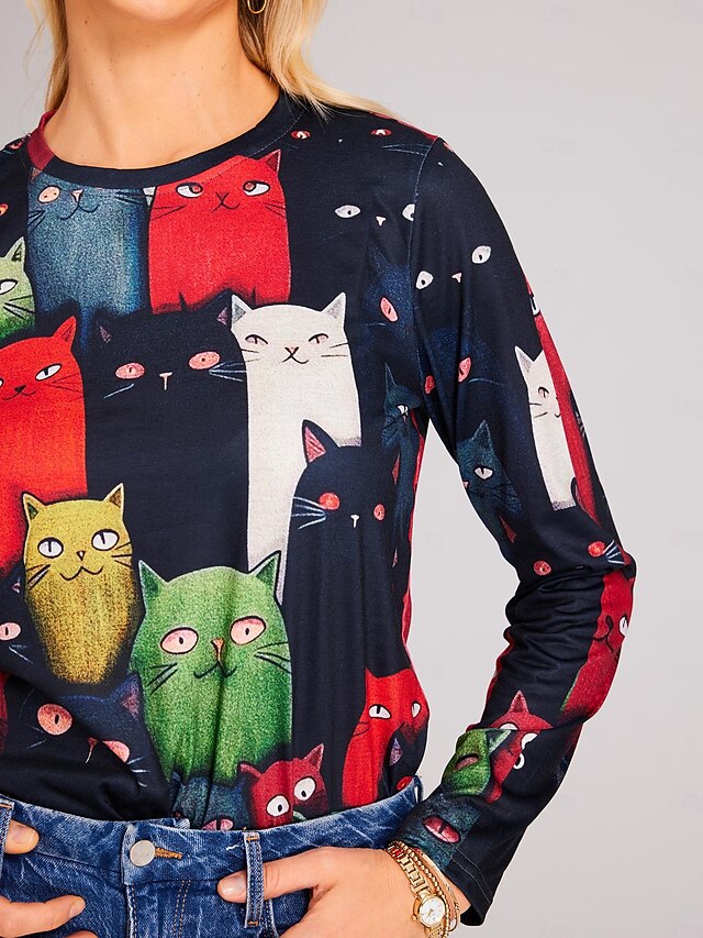 Women's T shirt Long Sleeve Crew Neck Long Sleeve Tunic Cat