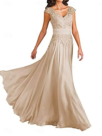 Neck Bride A-Line Elegant Simple Dress the V Floor of Mother