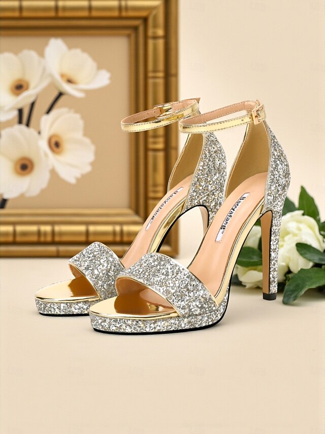 Women's High Silver Heel with Sandals Ankle Strap Glitter