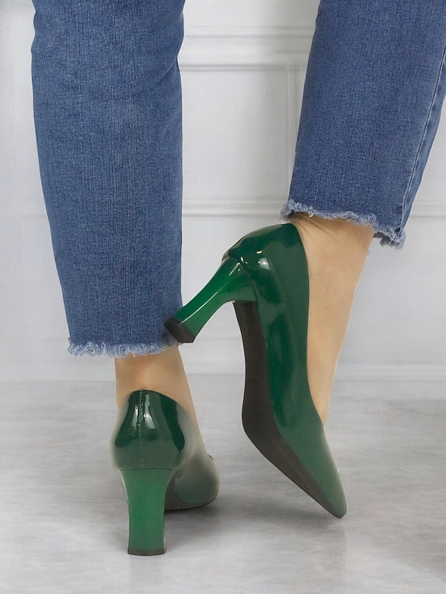 Green Leather Glossy Pumps Patent Heel Faux Block Pointed-Toe