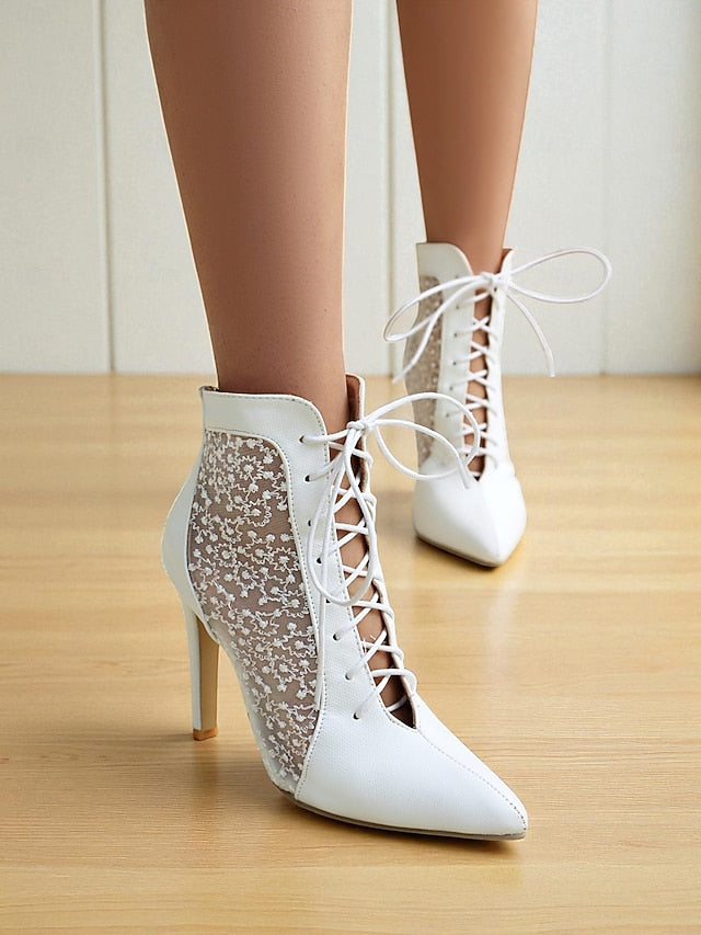 Women's Ankle White Booties Lace with Mesh Stiletto Heels