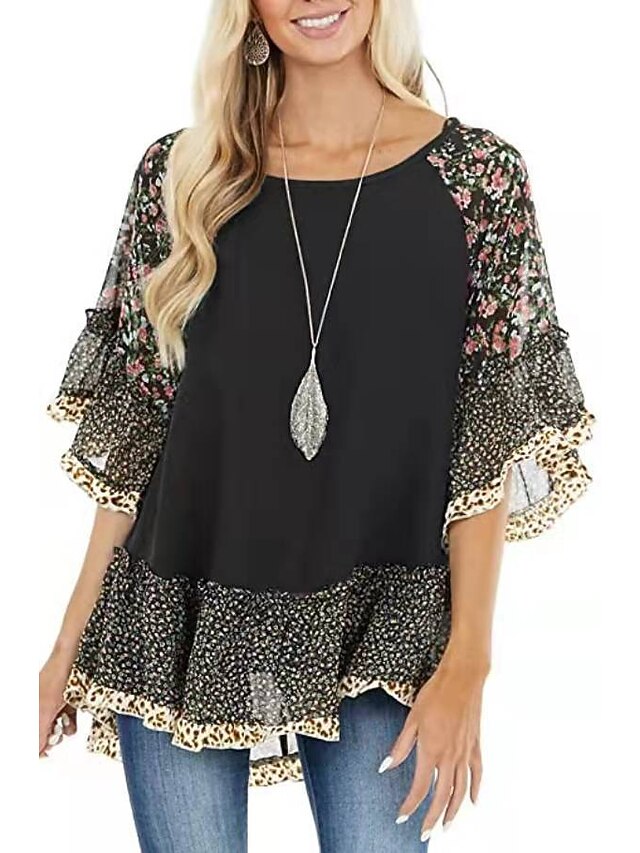 Women's Shirt Boho Shirt Tunic Blouse Ruffle Print Flowing