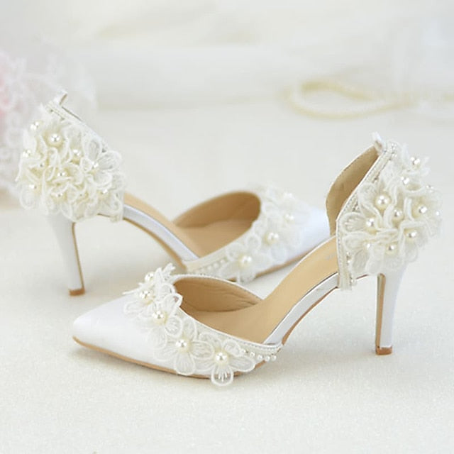 Lace Heels Platform with White Floral Women's Wedding