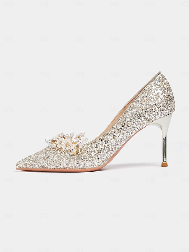 Women's Floral Heels Stiletto Silver with Glitter