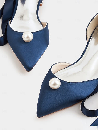 Satin Toe Embellished Pearl - Flats Pointed Women's Navy