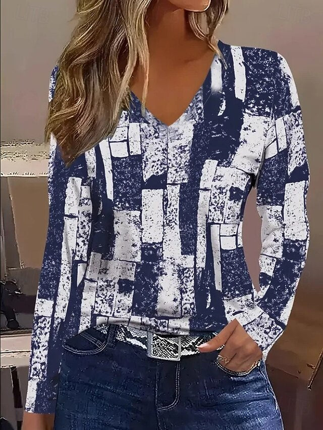 Women's T Shirt V Neck Long Sleeve Tunic Graphic Geometric