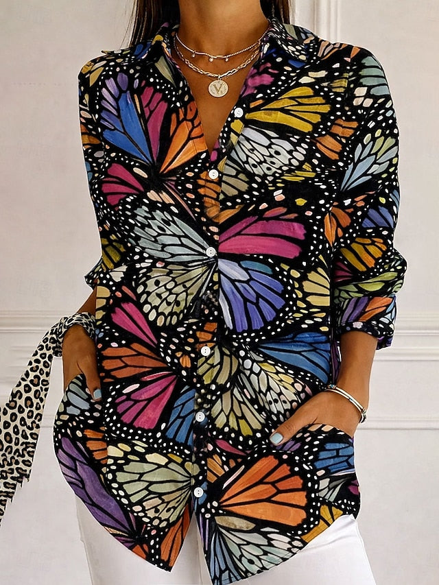 Women's Shirt Buttons Print Ombre Floral Graphic Elegant