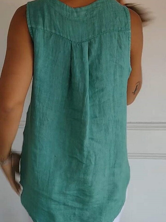 Women's Shirt Blouse Faux Cotton Linen Buttons Plain