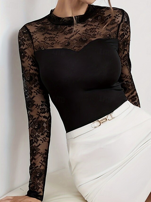 Women's Lace Splicing Top Blouse Lace Patchwork Plain