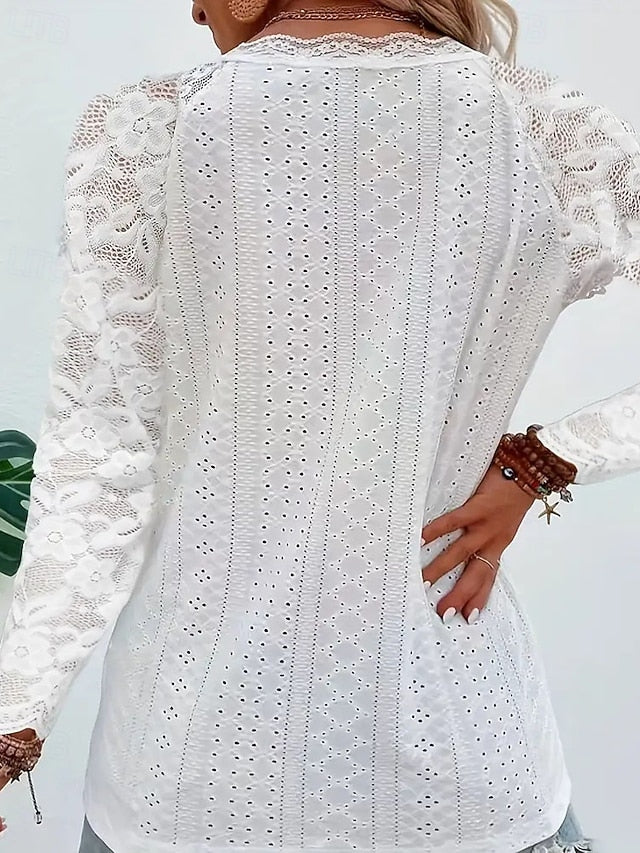 Women's Pointelle Shirt Eyelet Top Lace Splicing Top Blouse