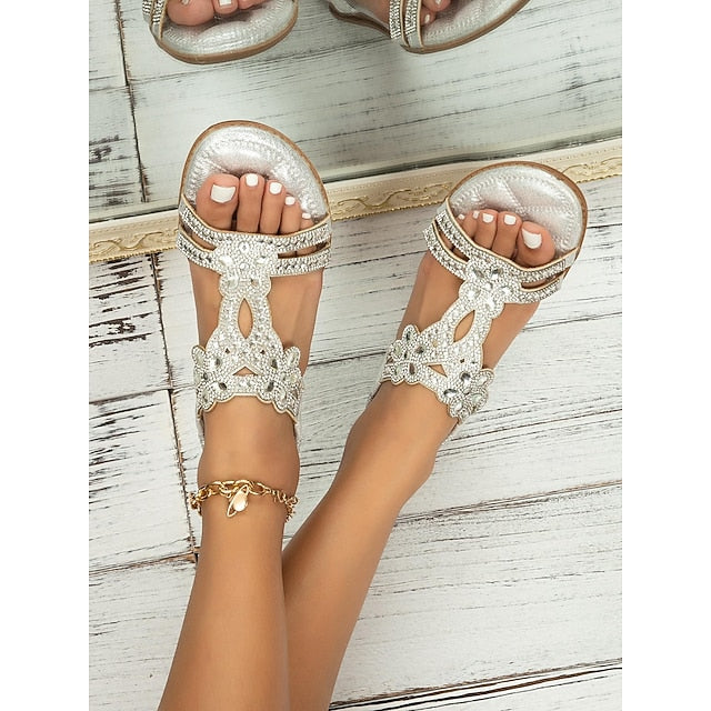 Boho Silver – Rhinestone Sandals Flat T-Strap Women's
