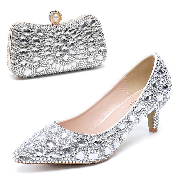 Matching Women's Heel Kitten Crystal-Embellished Shoes and