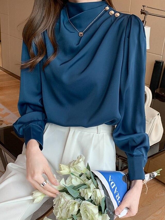 Women's Shirt Elegant Dressy Satin Top Buttons Solid Color