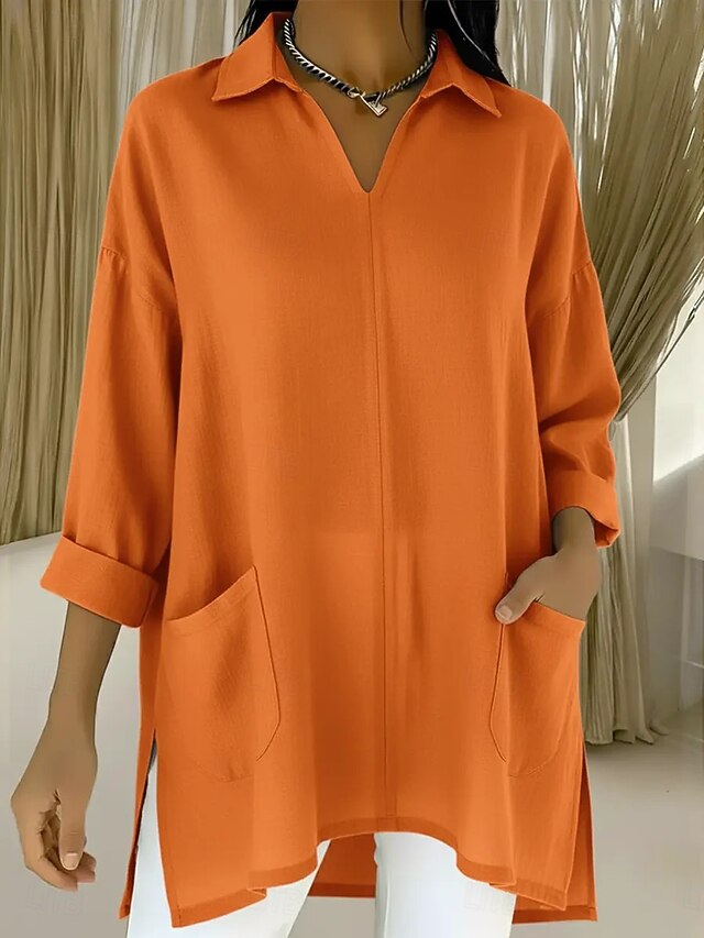 Women's Tunic Cotton Shirt Faux Cotton Linen Pocket Solid