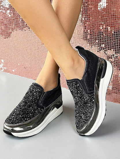 Slip-On Sneakers Women's Glitter with Metallic Black