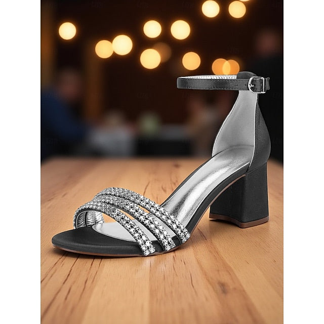 Block with Purple Rhinestone Sandals Satin Women's Heel