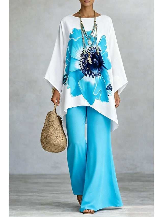 Women's Pants Sets Long Sleeve Round Neck Floral Graphic
