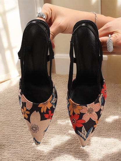Toe – Pointed Slingback Heels Elegant Floral High Women's