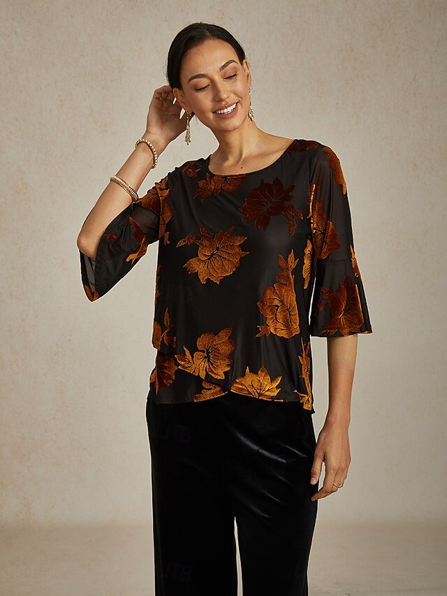 Women's Blouse Dressy Tops Velvet Floral Elegant Stylish