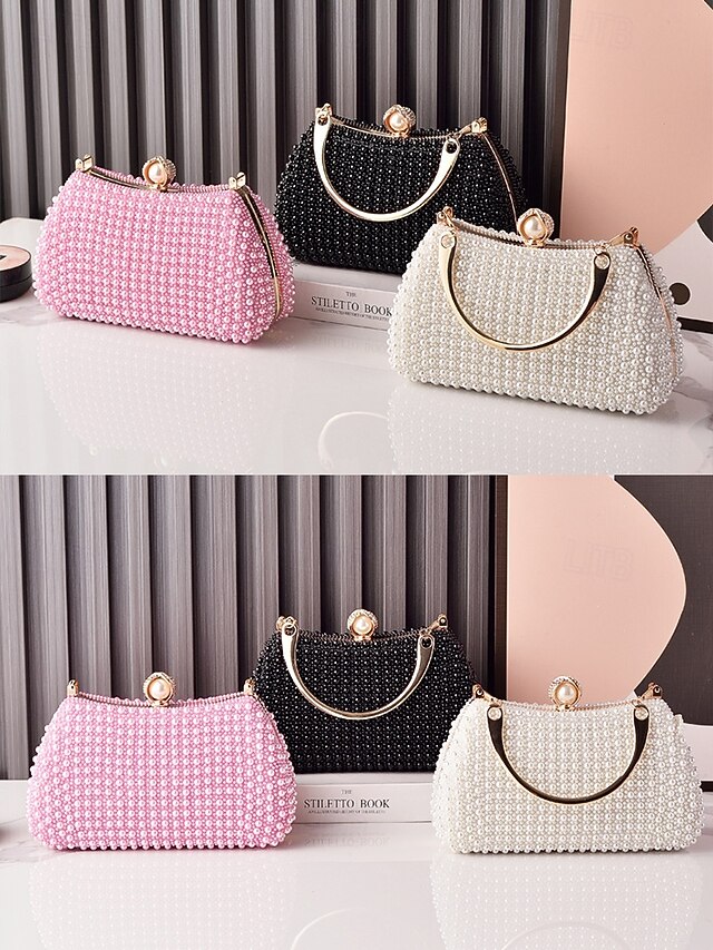 Clutch Evening Bag Gold Pearl with Beaded Women's Handle