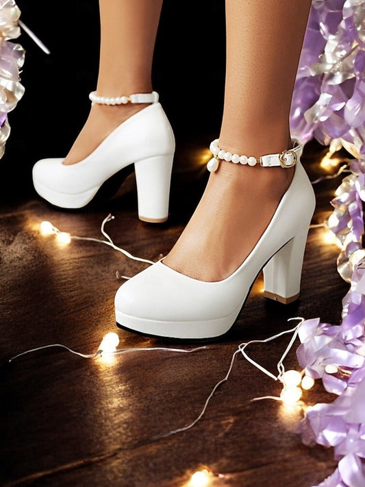 Women's Pumps High Strap with – Ankle White Heel Pearl