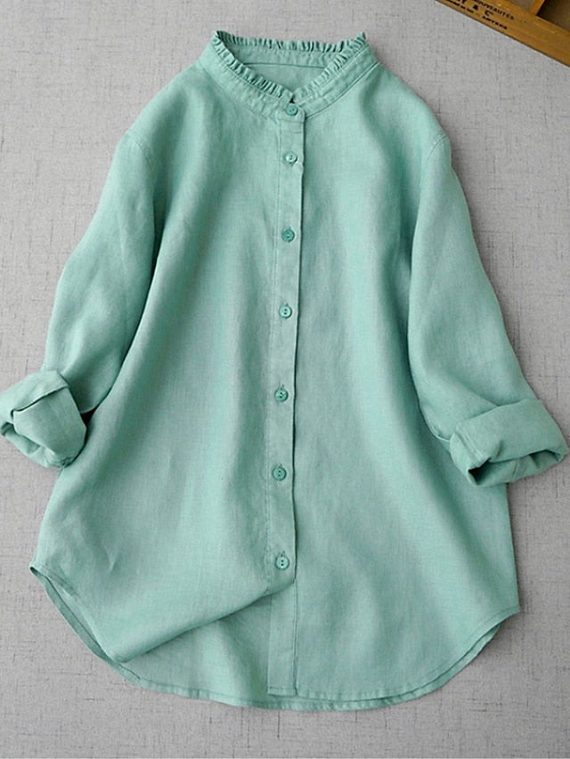 Women's Shirt Button Up Faux Cotton Linen Daily Long Sleeve