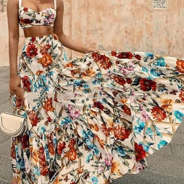 Women's Blouse Skirt Sets Sleeveless U Neck Floral Print