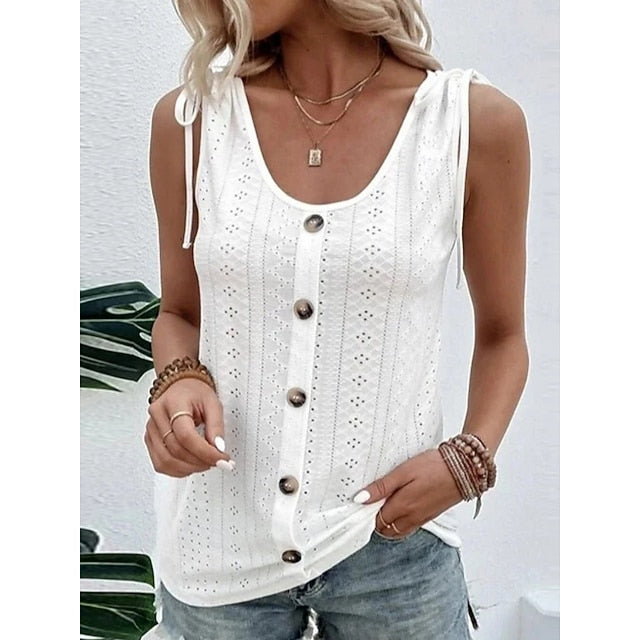 Women's Tank Top Eyelet Buttons Plain Fashion Stylish