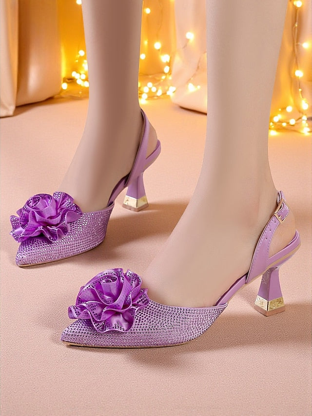 Floral Heels Purple with Women's Rhinestone Slingback