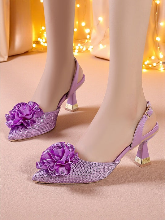 Floral Heels Purple with Women's Rhinestone Slingback