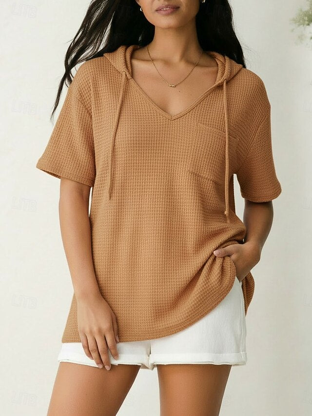 Women's Texture Blouse Waffle Knit Tops Graphic Plain