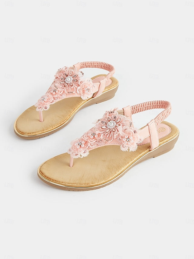 T-Strap Embellished Floral Lace Pink – Sandals Women's