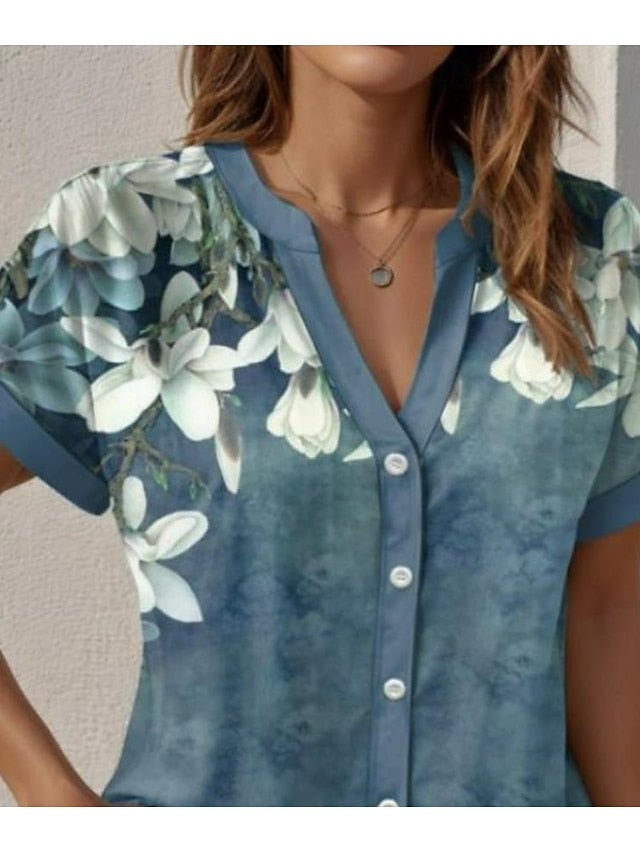 Women's Shirt V Neck Button Down Blouse Floral Graphic