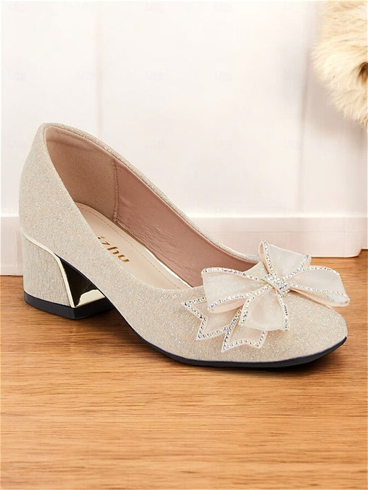 Glitter Women's Heel Pumps - with Gold Block Bow Decoration