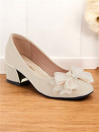 Gold Decoration Heel Bow Block - Pumps with Glitter Women's